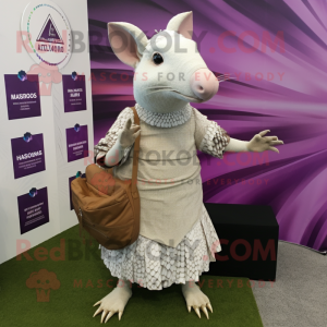 White Armadillo mascot costume character dressed with a Maxi Dress and Briefcases
