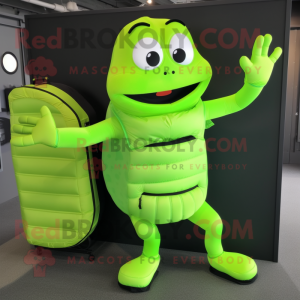 Lime Green Contortionist mascot costume character dressed with a Vest and Wallets