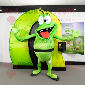 Lime Green Contortionist mascot costume character dressed with a Vest and Wallets