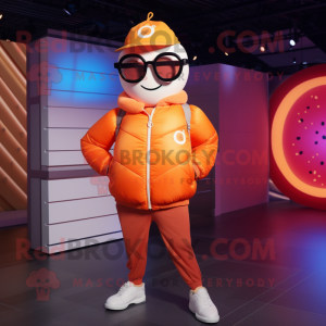 Orange Raspberry mascot costume character dressed with a Bomber Jacket and Eyeglasses