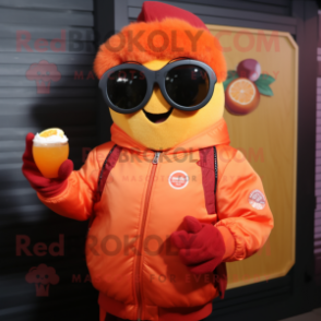 Orange Raspberry mascot costume character dressed with a Bomber Jacket and Eyeglasses