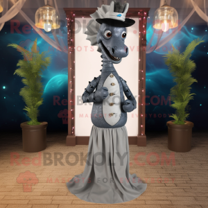 Gray Seahorse mascot costume character dressed with a Evening Gown and Pocket squares