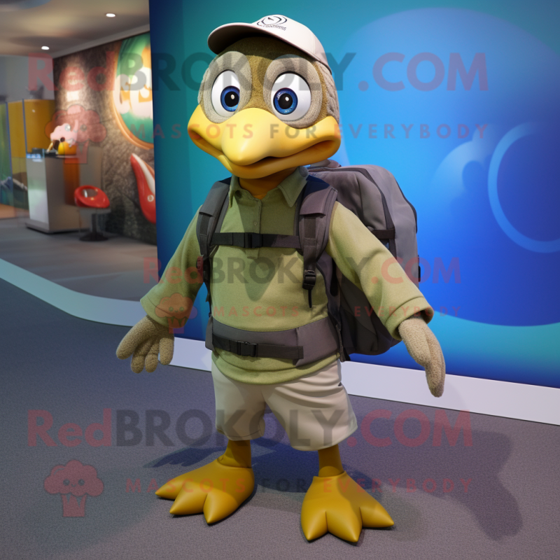Olive Gosling mascot costume character dressed with a Capri Pants and Backpacks Olive Gosling mascot costume character dressed with a Capri Pants and Backpacks