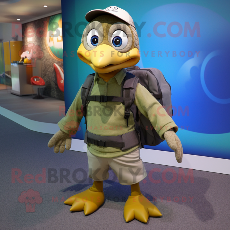 Olive Gosling mascot costume character dressed with a Capri Pants and Backpacks