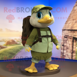 Olive Gosling mascot costume character dressed with a Capri Pants and Backpacks