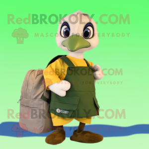 Olive Gosling mascot costume character dressed with a Capri Pants and Backpacks