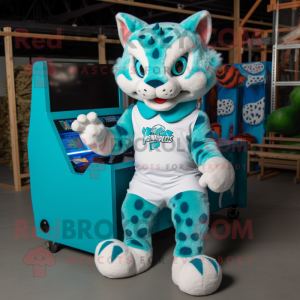 Turquoise Bobcat mascot costume character dressed with a Playsuit and Lapel pins