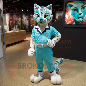 Turquoise Bobcat mascot costume character dressed with a Playsuit and Lapel pins