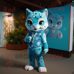 Turquoise Bobcat mascot costume character dressed with a Playsuit and Lapel pins