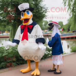 nan Muscovy Duck mascot costume character dressed with a Culottes and Ties