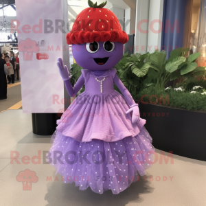 Lavender Strawberry mascot costume character dressed with a Pleated Skirt and Bracelets