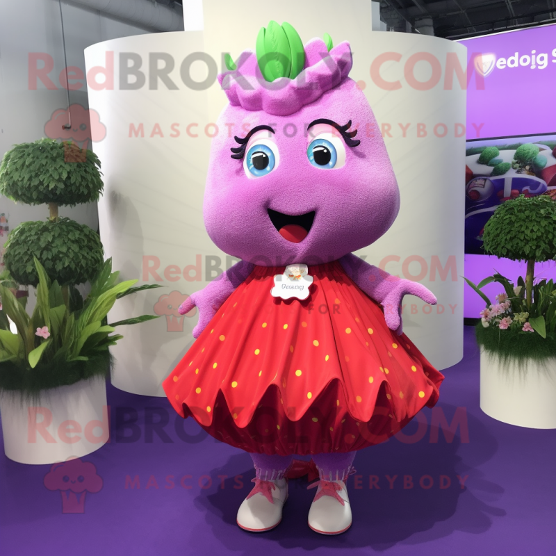 Lavender Strawberry mascot costume character dressed with a Pleated Skirt and Bracelets