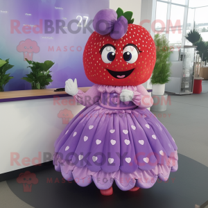 Lavender Strawberry mascot costume character dressed with a Pleated Skirt and Bracelets