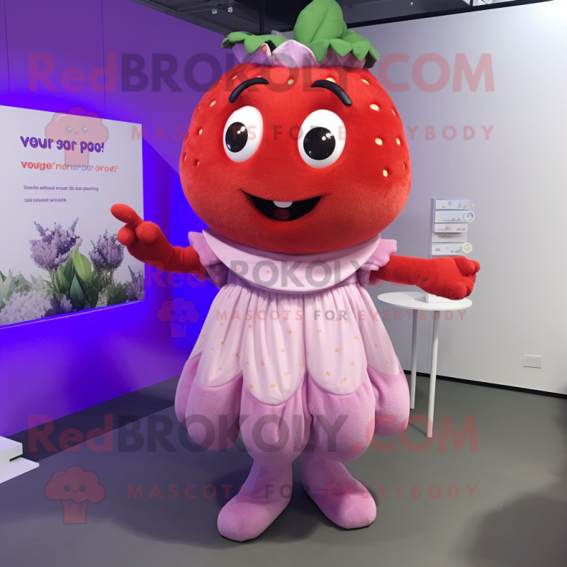 Lavender Strawberry mascot costume character dressed with a Pleated Skirt and Bracelets