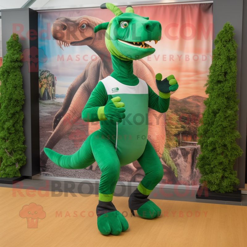 Forest Green Parasaurolophus mascot costume character dressed with a Running Shorts and Scarves