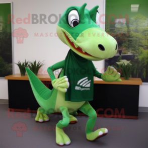 Forest Green Parasaurolophus mascot costume character dressed with a Running Shorts and Scarves