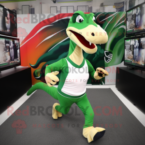 Forest Green Parasaurolophus mascot costume character dressed with a Running Shorts and Scarves