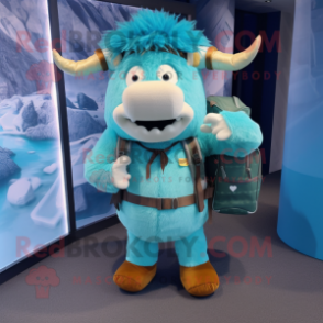 Cyan Yak mascot costume character dressed with a Cargo Pants and Backpacks