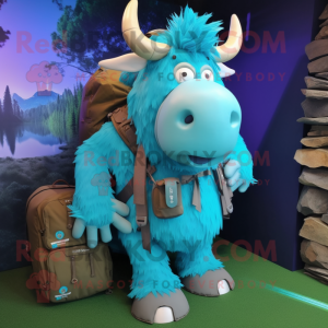 Cyan Yak mascot costume character dressed with a Cargo Pants and Backpacks