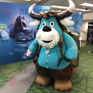 Cyan Yak mascot costume character dressed with a Cargo Pants and Backpacks