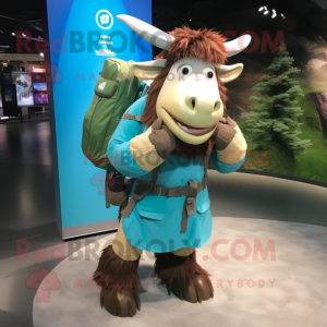 Cyan Yak mascot costume character dressed with a Cargo Pants and Backpacks
