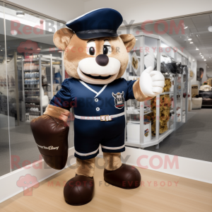 Navy Boxing Glove mascot costume character dressed with a Rugby Shirt and Clutch bags
