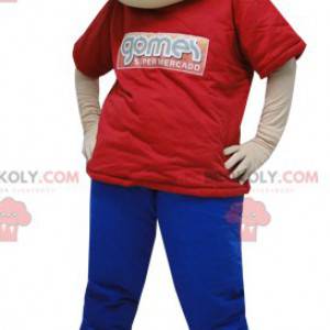 Boy mascot dressed in red and blue with a cap - Redbrokoly.com