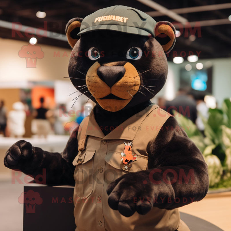Brown Panther mascot costume character dressed with a Tank Top and Berets Brown Panther mascot costume character dressed with a Tank Top and Berets