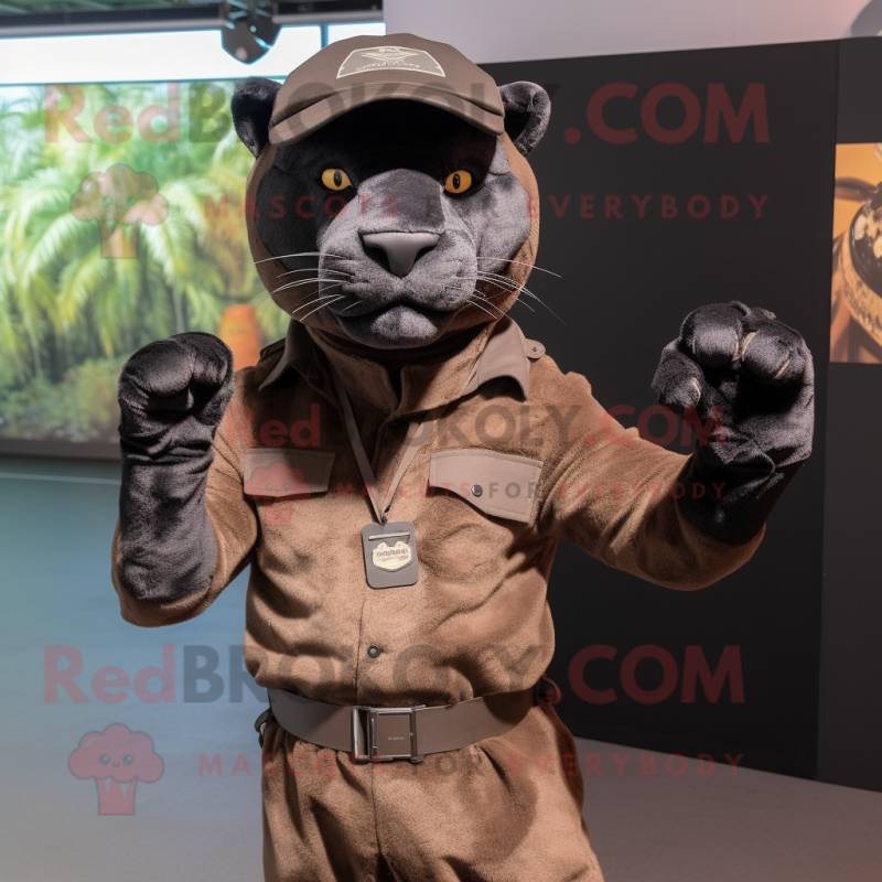 Brown Panther mascot costume character dressed with a Tank Top and Berets