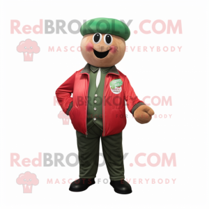 Red Green Bean mascot costume character dressed with a Bomber Jacket and Tie pins