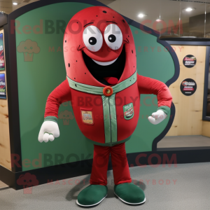 Red Green Bean mascot costume character dressed with a Bomber Jacket and Tie pins