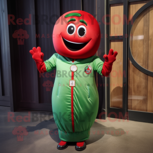 Red Green Bean mascot costume character dressed with a Bomber Jacket and Tie pins
