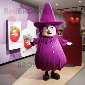 Magenta Potato mascot costume character dressed with a Shift Dress and Hat pins