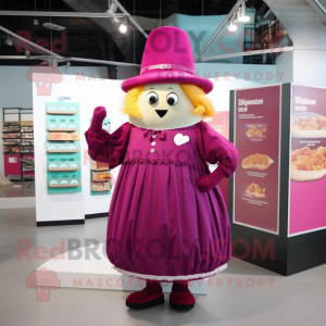 Magenta Potato mascot costume character dressed with a Shift Dress and Hat pins