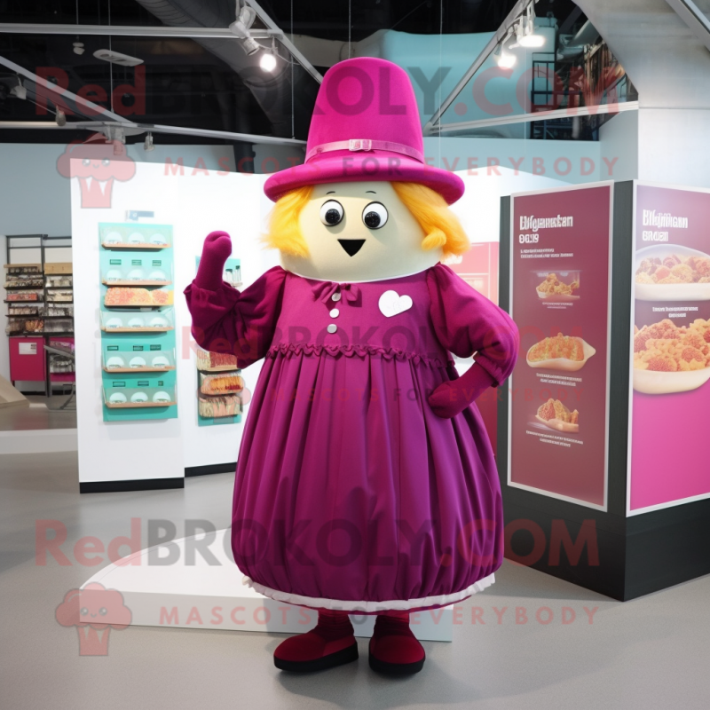 Magenta Potato mascot costume character dressed with a Shift Dress and Hat pins Magenta Potato mascot costume character dressed with a Shift Dress and Hat pins