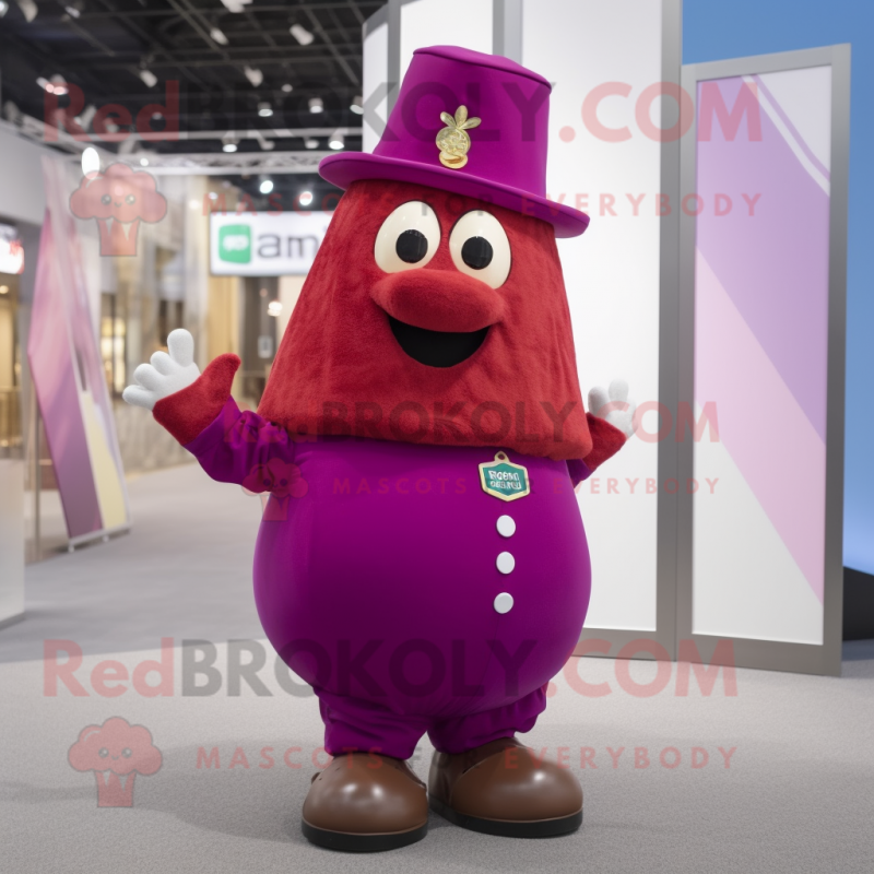 Magenta Potato mascot costume character dressed with a Shift Dress and Hat pins