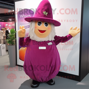 Magenta Potato mascot costume character dressed with a Shift Dress and Hat pins