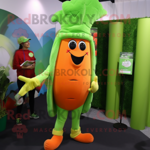 Lime Green Carrot mascot costume character dressed with a Jumpsuit and Backpacks