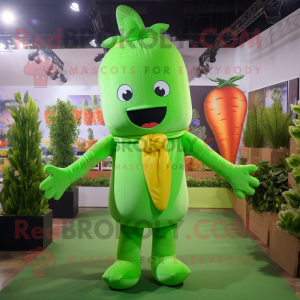 Lime Green Carrot mascot costume character dressed with a Jumpsuit and Backpacks
