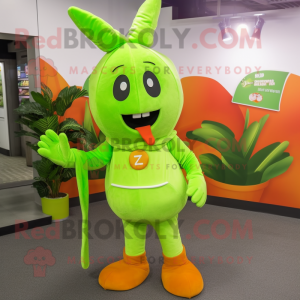 Lime Green Carrot mascot costume character dressed with a Jumpsuit and Backpacks