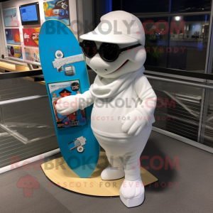 White Skateboard mascot costume character dressed with a Cover-up and Reading glasses