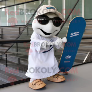 White Skateboard mascot costume character dressed with a Cover-up and Reading glasses