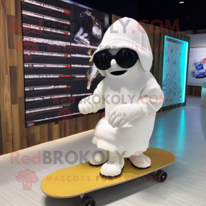 White Skateboard mascot costume character dressed with a Cover-up and Reading glasses