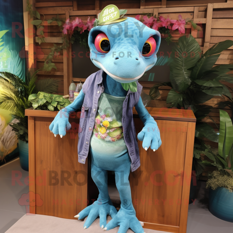 Cyan Geckos mascot costume character dressed with a Denim Shorts and Shawls