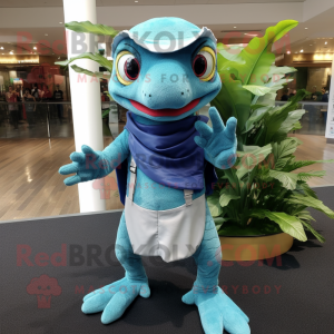 Cyan Geckos mascot costume character dressed with a Denim Shorts and Shawls