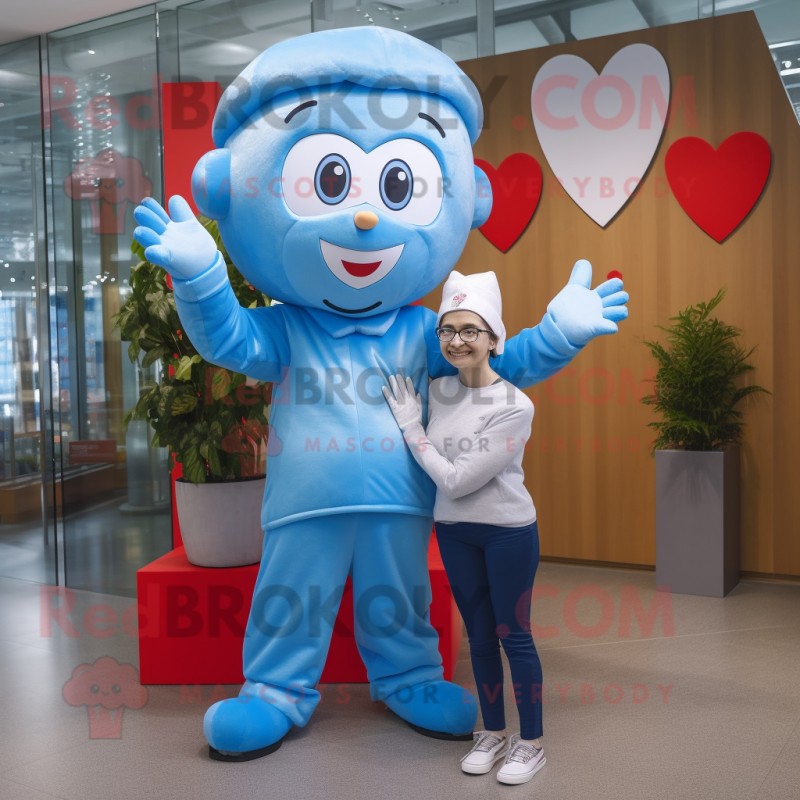 Sky Blue Arrow Of Love mascot costume character dressed with a Mom Jeans and Headbands Sky Blue Arrow Of Love mascot costume character dressed with a Mom Jeans and Headbands