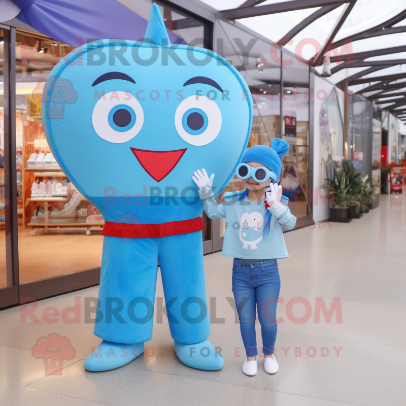 Sky Blue Arrow Of Love mascot costume character dressed with a Mom Jeans and Headbands