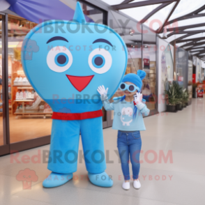 Sky Blue Arrow Of Love mascot costume character dressed with a Mom Jeans and Headbands