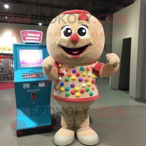 Beige Gumball Machine mascot costume character dressed with a Sweater and Hairpins
