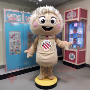 Beige Gumball Machine mascot costume character dressed with a Sweater and Hairpins